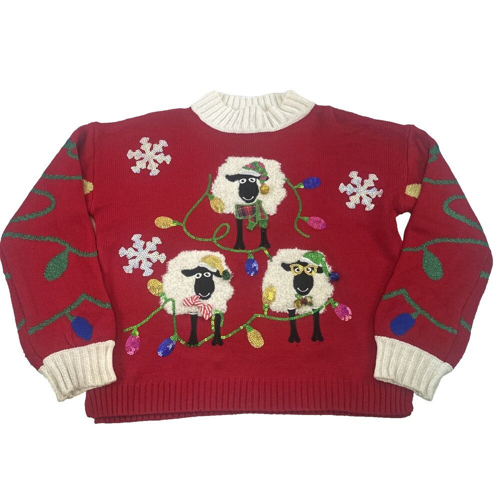 Celebrate Together Christmas Sweater Sheep Light Snowflakes Sequins Women Medium